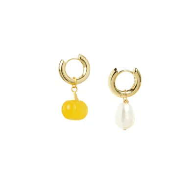 I'mmany London Women's Yellow Jade Pumpkin And Freshwater Pearl Drop Gold Vermeil Hoop Earrings