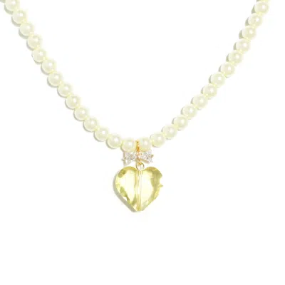 I'mmany London Women's Yellow / Orange Whisper Of Heart Pearl Necklace With Crystal Bow And Faceted Heart Pendant - In Neutral