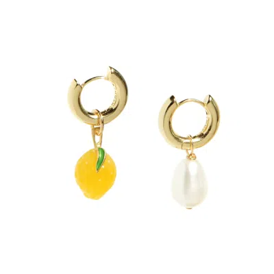 I'mmany London Women's Yellow Organic Fruit & Pearl Asymmetrical Hoop Earrings, 18k Gold Vermeil, Jade Lemon