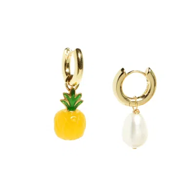 I'mmany London Women's Yellow Organic Fruit & Pearl Asymmetrical Hoop Earrings, 18k Gold Vermeil, Jade Pineapple