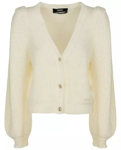 Imperfect Elegant White V-neck Cardigan With Golden Buttons In Neutral