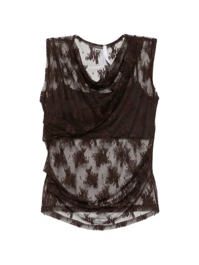 Imperial Lace-overlay Draped Top In Brown