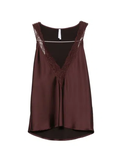 Imperial Lace-trim Satin Top In Brown