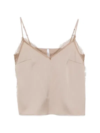 Imperial Lace-trim V-neck Top In Brown