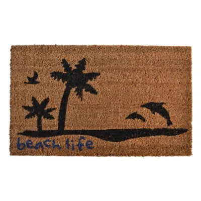 Imports Decor Beach Life Coir Door Mat, Natural Coconut Fiber Doormat With Palm Tree & Dolphin Design, Non-slip Pv