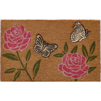 Imports Decor Floral Butterfly Coir Door Mat, Natural Coconut Fiber Entry Rug With Non-skid Pvc Backing In Multi