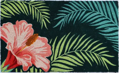 Imports Decor Tropical Floral Coir Door Mat, Hibiscus Palm Leaf Coconut Fiber Doormat With Non-slip Pvc Backing, D