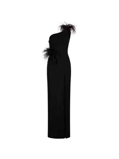 Imroska 16 Feather-detail One-shoulder Maxi Dress In Black