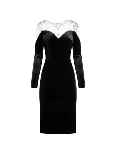 Imroska 26 Leaves Velvet V-neck Midi Dress In Black