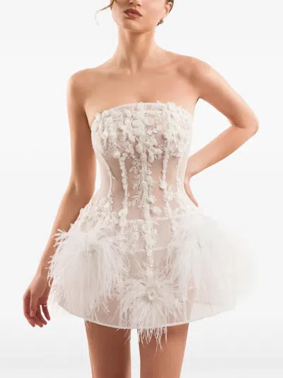 Imroska 29 Feather-trim Floral-appliqué Mini Dress In White