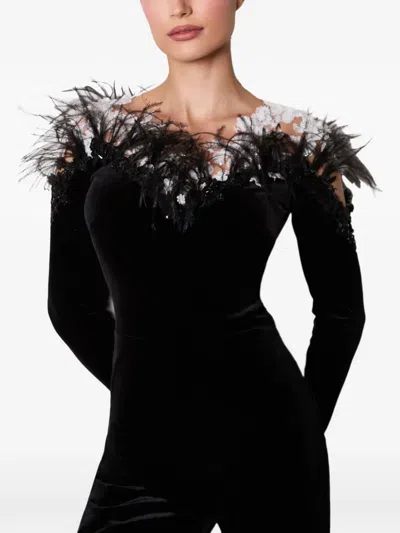 Imroska Feather-trim Velvet Jumpsuit In Black