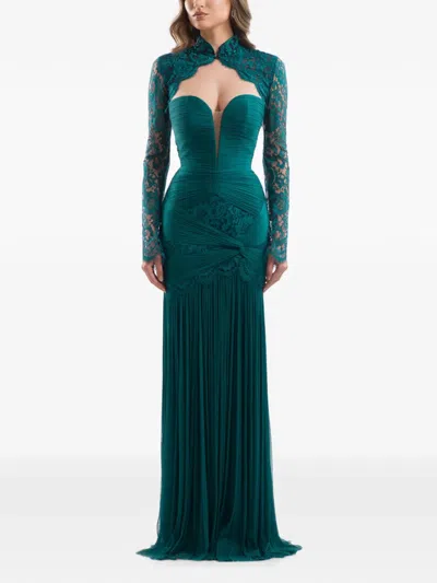 Imroska Lace-panelled Ruched Maxi Dress In Green
