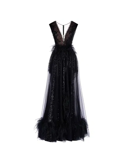 Imroska Onyx Lace Feather-trim Maxi Dress In Black