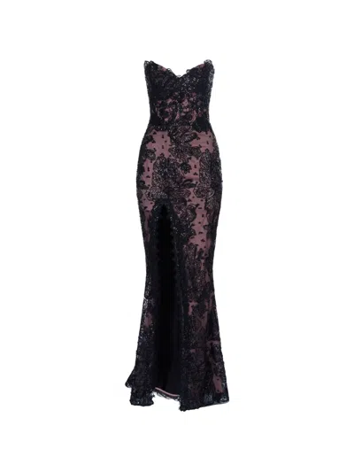 Imroska Piano Zid Mermaid Lace-detail Slit Maxi Dress In Black