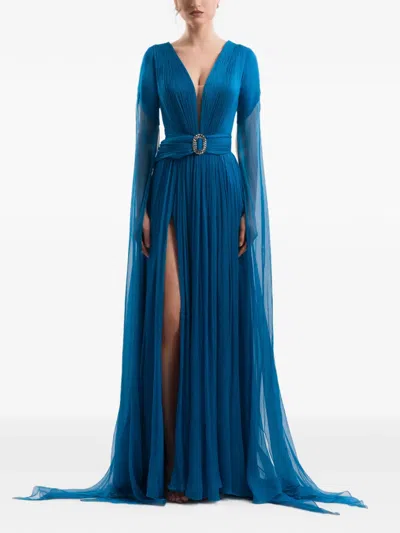 Imroska Pleated Belted Maxi Dress In Blue