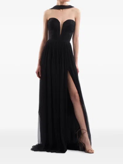 Imroska Plunging-neckline Draped Maxi Gown Dress In Black