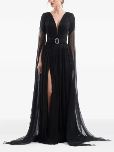 Imroska Transformative Crystal-buckle Cape-sleeve Maxi Dress In Black