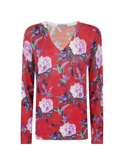 In Bed With You Floral-print V-neck Sweater In Red
