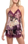 In Bloom By Jonquil Anna Printed Lace Trim Satin Camisole & Shorts Pajamas In Purple