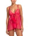 In Bloom By Jonquil Aria Lace & Mesh Babydoll & G-string Set In Ruby Red