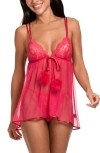 In Bloom By Jonquil Aria Lace & Mesh Babydoll & G-string Set In Ruby Red