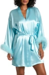 IN BLOOM BY JONQUIL CASABLANCA FEATHER TRIMMED SATIN WRAP dressing gown