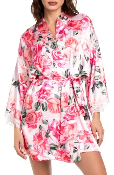 In Bloom By Jonquil Ella Floral Lace Trim Satin Robe In Powder Pink