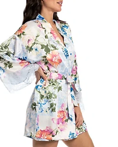 In Bloom By Jonquil Floral Lace Trim Satin Robe In Heather Blue