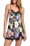 In Bloom By Jonquil Harriet Floral Lace Trim Satin Chemise In Black