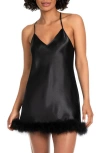 In Bloom By Jonquil Hollie Feather Trim Satin Chemise In Black