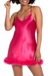 In Bloom By Jonquil Hollie Feather Trim Satin Chemise In Bright Rose