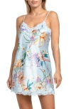 In Bloom By Jonquil Stretch Satin Sky Blue Lace Trim Floral Print Chemise In Sky Blue