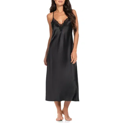 In Bloom By Jonquil Lace Trim Stretch Satin Nightgown In Black
