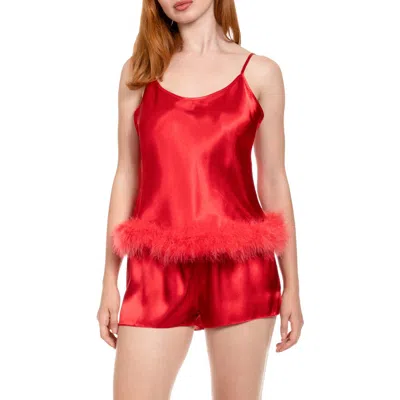 In Bloom By Jonquil Nayeli Marabou Trim Satin Camisole & Shorts Pajamas In Red