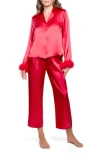 In Bloom By Jonquil Nayeli Marabou Trim Satin Top & Pants Pajamas In Red