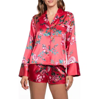In Bloom By Jonquil Phoenix Long Sleeve Satin Short Pajamas In Red