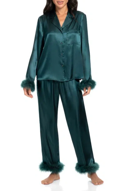 In Bloom By Jonquil Rory Feather Trim Satin Pajamas In Pine