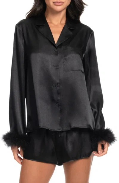In Bloom By Jonquil Rory Feather Trim Satin Short Pajamas In Black