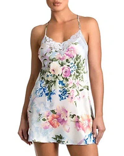 In Bloom By Jonquil Satin Lace Trim Floral Chemise In Heather Blue