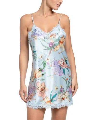 In Bloom By Jonquil Stretch Satin Sky Blue Lace Trim Floral Print Chemise