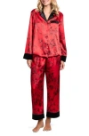 In Bloom By Jonquil Velvet Trim Floral Print Satin Pajamas In Red