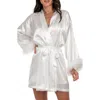 In Bloom By Jonquil Feather Trim Satin Robe In Ivory