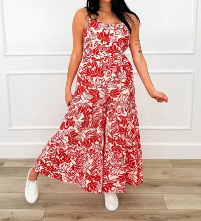 In February Airy Floral Leaf Print Jumpsuit In Red