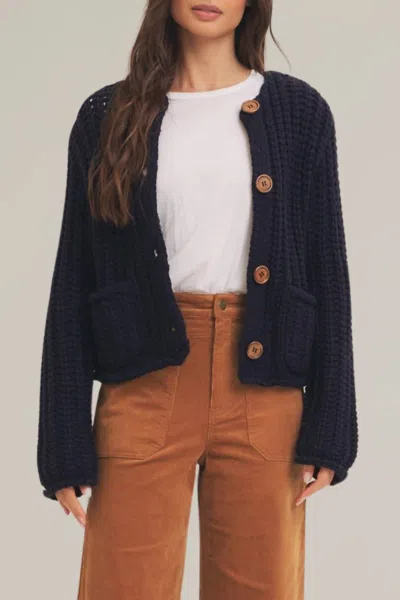 In February Chunky Knit Button Down Sweater In Navy In Blue