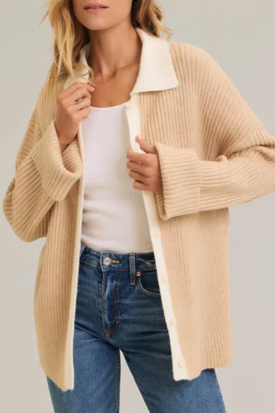 In February Color Block Ribbed Knit Button Down Sweater In Beige