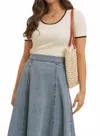 In February Contrast Edge Scoop Neck Rib Sweater Top In Cream In White
