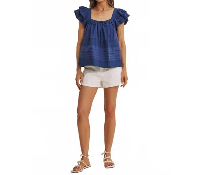 In February Cotton Poplin Ruffle Sleeve Top In Navy Blue