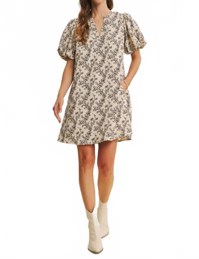 In February Cream Mini A-line Dress With Black Floral Details - 'savannah Dress' In Vanilla In Brown