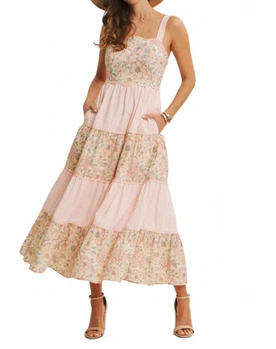 In February Dreamy Ideal Florals And Stripes Tiered Midi Dress In Peach In Pink