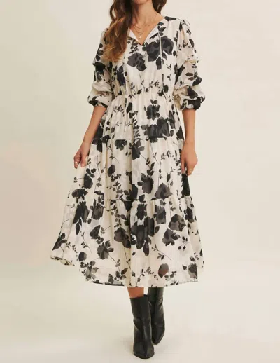 In February Dreamy Jacquard Floral Midi Dress With Statement Sleave In Vanilla Black In Neutral
